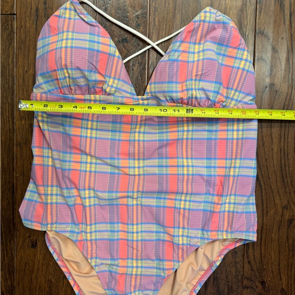 J. Crew NWT Strappy Cross-Back One Piece Swimsuit Sunset Plaid Size 20 Pink - Picture 11 of 13